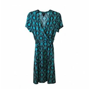 EN FOCUS STUDIO Womens Teal Black Geometric Wrap Midi Dress Short Sleeve Sz 12 #